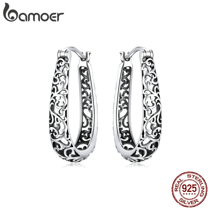 

bamoer Silver Vintage Vine Real 925 Sterling Silver Hoop Earrings For Women Party Fine Jewelry 2020 Original Design BSE466