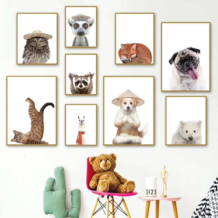 Постер в скандинавском стиле со смешными рисунками совы медведя собаки лисы