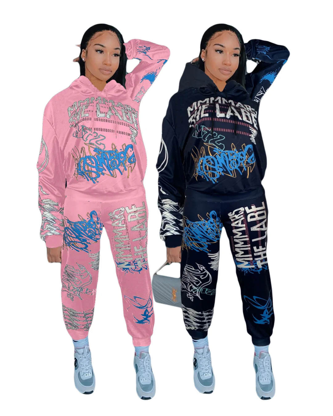 

31A8273 Spring Autumn Fashion Women Street Two Piece Set Solid Graffiti Letter Print Pullover Sports Hooded Sweater Women's Suit