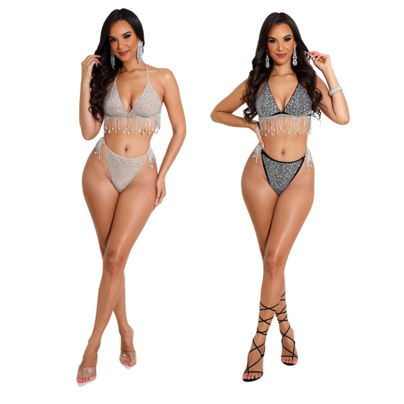 

Glitter Two Piece Bathing Suit Backless Halter Crop Top Sexy Luxury Bikini Set Beach Style Diamond Tassels Sparkly Sequins