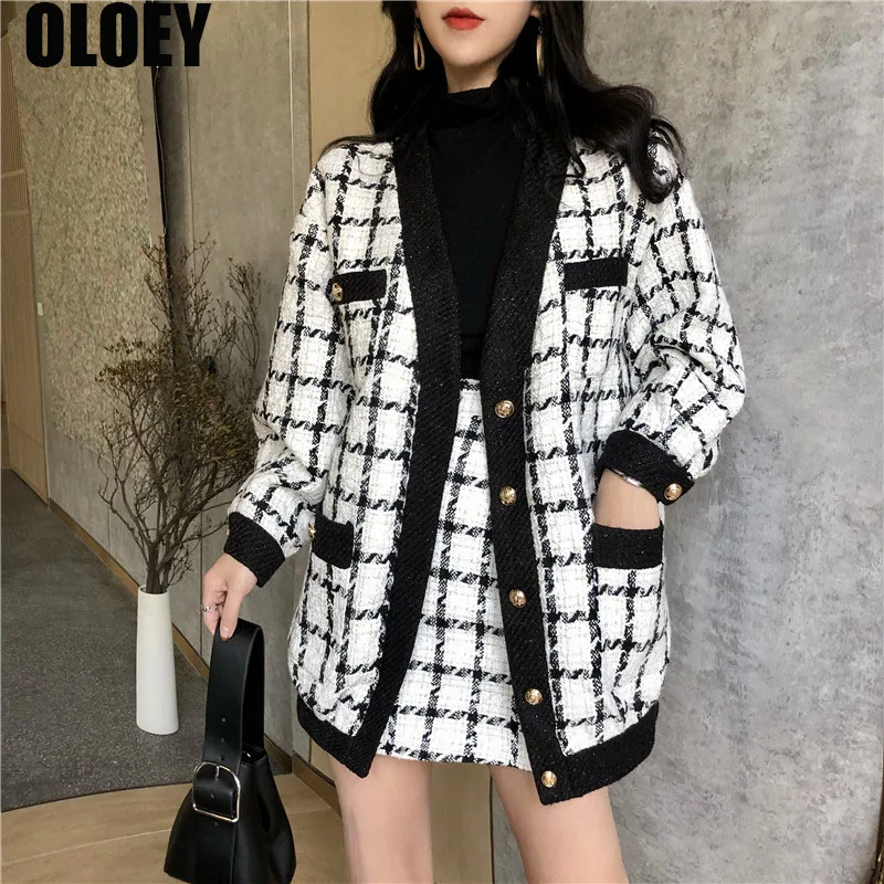 

Fashion 2 Piece Set Women Long Sleeve Tweed Wool Jacket Coat+Mini Wool Skirt Set 2021 Autumn Winter Ladies Vintage Clothing Sets