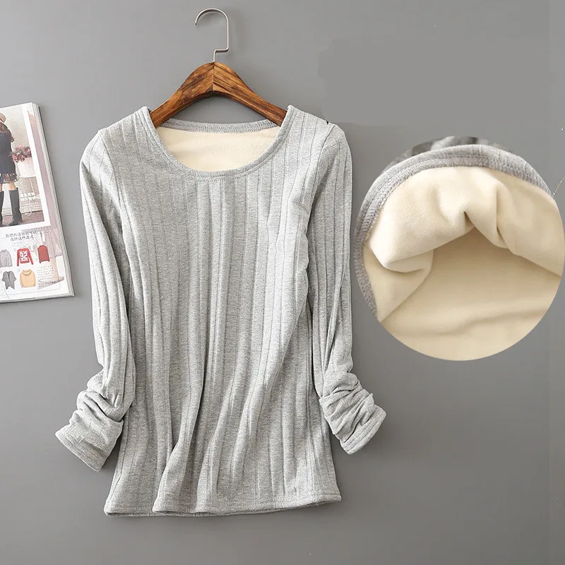 2020 Winter Warm T Shirt Thick Fleece Thermal Underwear Long Sleeve Stripe Cotton Tee Shirt Super Soft T-Shirt O neck Top Shirt