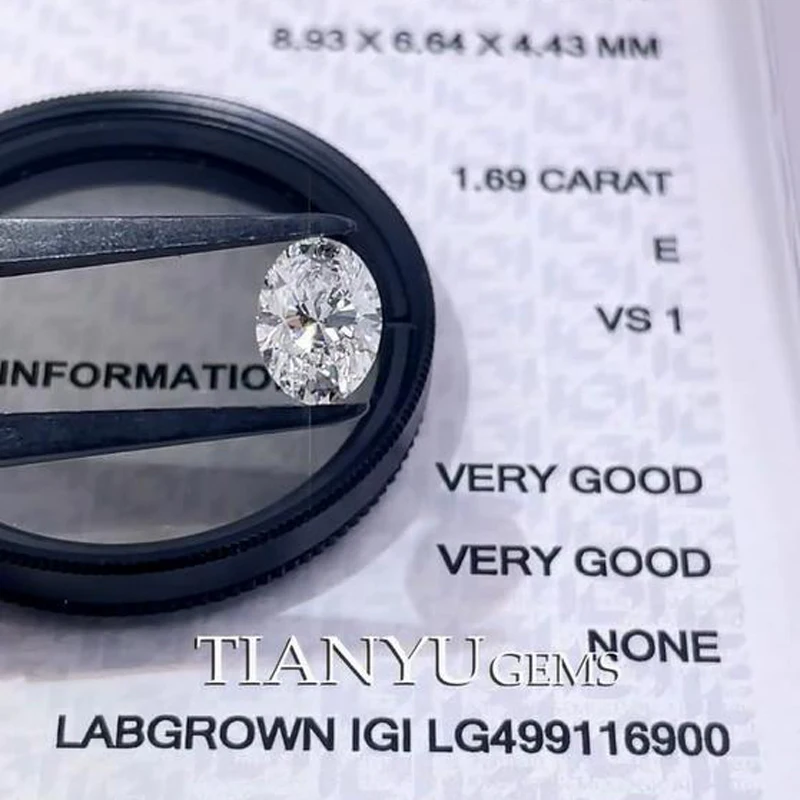 

Tianyu Gems Oval CVD 1.69ct E VS1 2VG Lab Grown Diamonds IGI 8.93x6.64x4.43mm Lab Created Synthetic Diamonds for Rings Jewelry