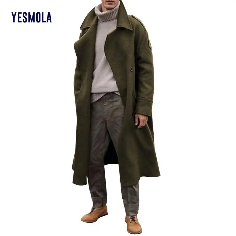 

YESNOLA Men Long Coat Jacket Solid Casual Business Trench Woolen Coats Autumn Winter Fashion Windproof Outwears