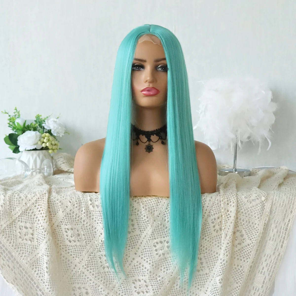 Синие синтетические кружевные парики длинные шелковые прямые