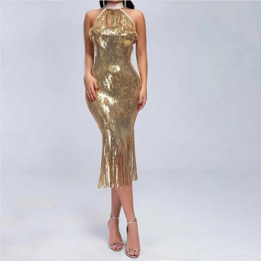 

Mandylandy Summer Fashion Sleeveless Tassels Slim-Fit Dress Women's Sexy Backless O-Neck High Waist Dress