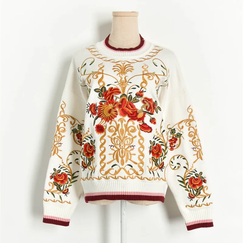 

Роскошный брендовый дизайнерский вязаный свитер для женщин с круглым вырезом вышитые цветы с длинным рукавом Свободные вязаные пуловеры