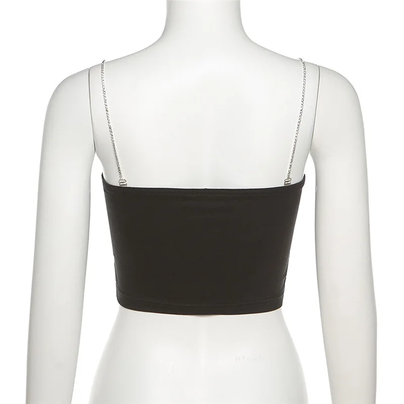 

ALLNeon 2000s Fashion Chain Straped Black Cropped Tops Y2K Aesthetics Rhinestone Backless Sleeveless Camis Summer Cute Outfits