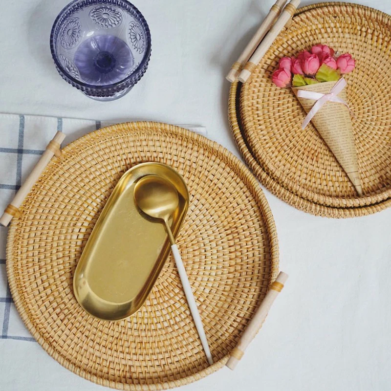 Hand-woven Rattan Round Storage Basket Tray With Wooden Handle Wicker Bread Fruit Cake Food Plate Decorative Serving | Дом и сад