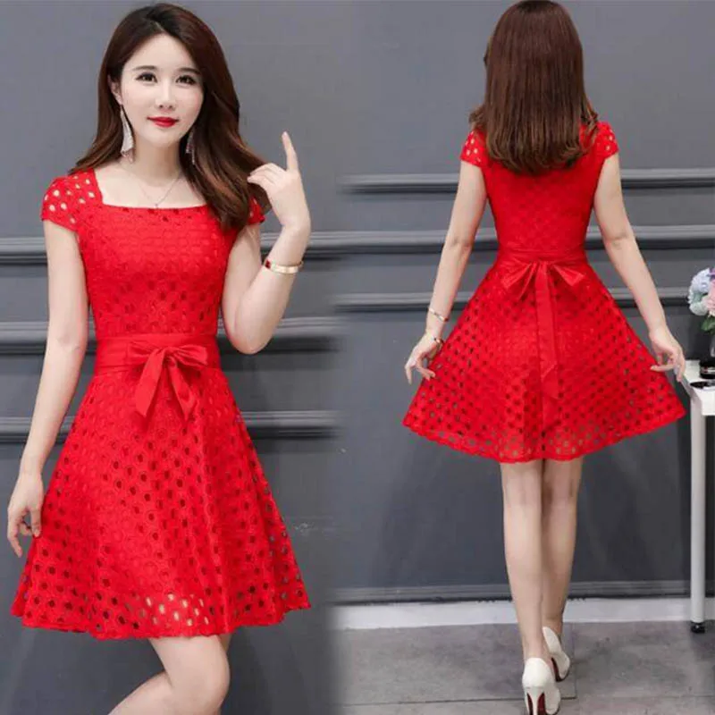 

Fashion Hollow Out Women Solid Slim Dress Lady Skinny Short sleeve Knee-length Dresses Female Belt Slash Collar Dress AA254