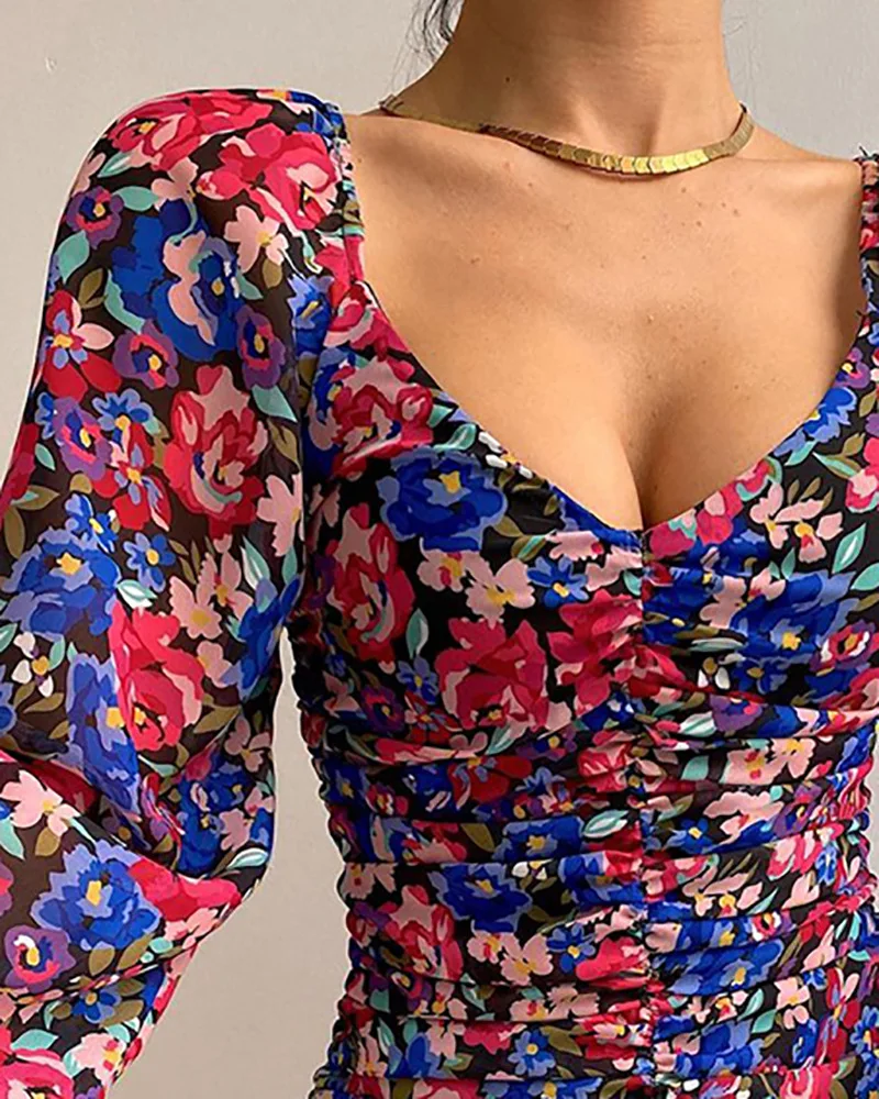 Женское платье с цветочным принтом рукавами-фонариками и рюшами | Женская одежда