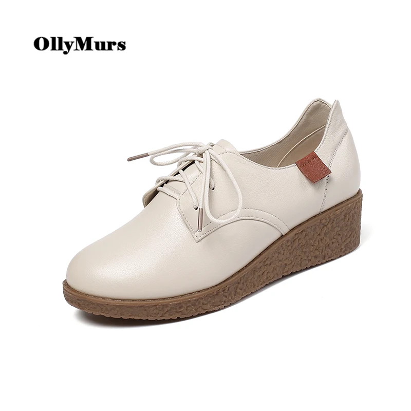 

OllyMurs Wedges Female Lace-up Thick Heels Shallow Shoes Women Platform Shoes Round Toe Genuine Leather Shoes for Women 2020