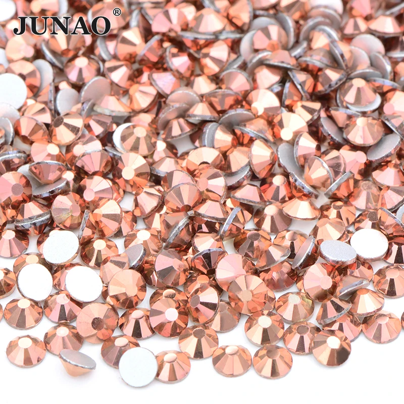 

JUNAO SS 6 8 10 12 16 20 Rose Gold Color Glass Nail Rhinestones Flatback Stones and Crystal Nail Art Crystals Non Hotfix Strass