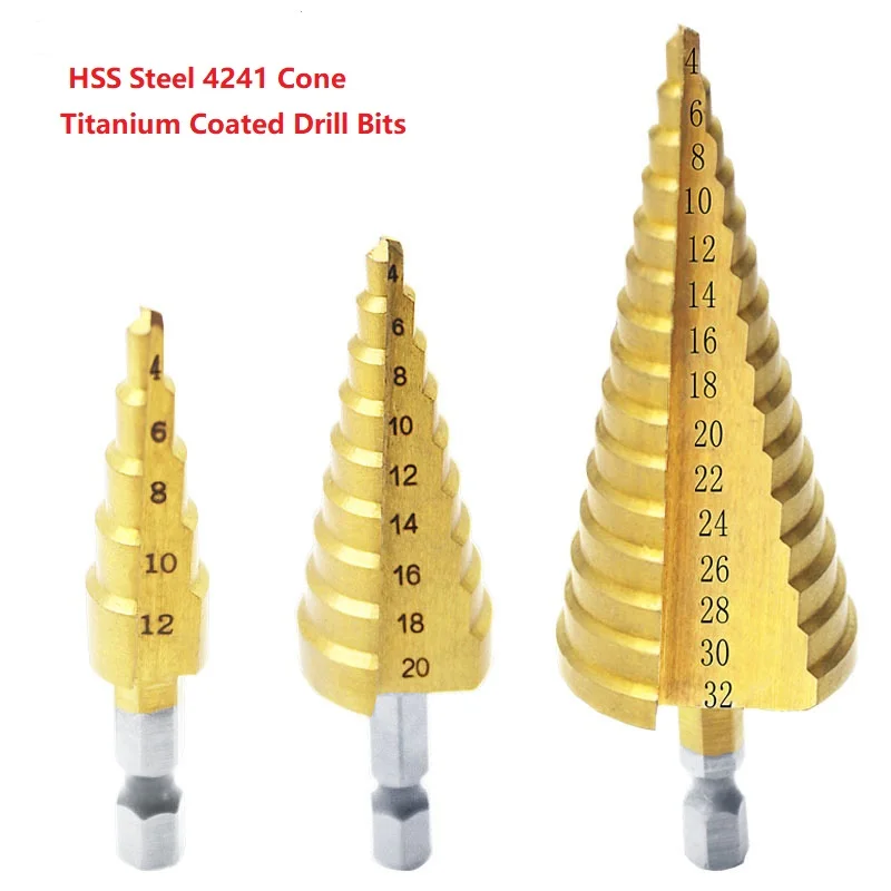 

4-12mm 4-20mm 4-32mm Metric Spiral Flute Step HSS Steel 4241 Cone Titanium Coated Drill Bits Tool Set Hole Cutter