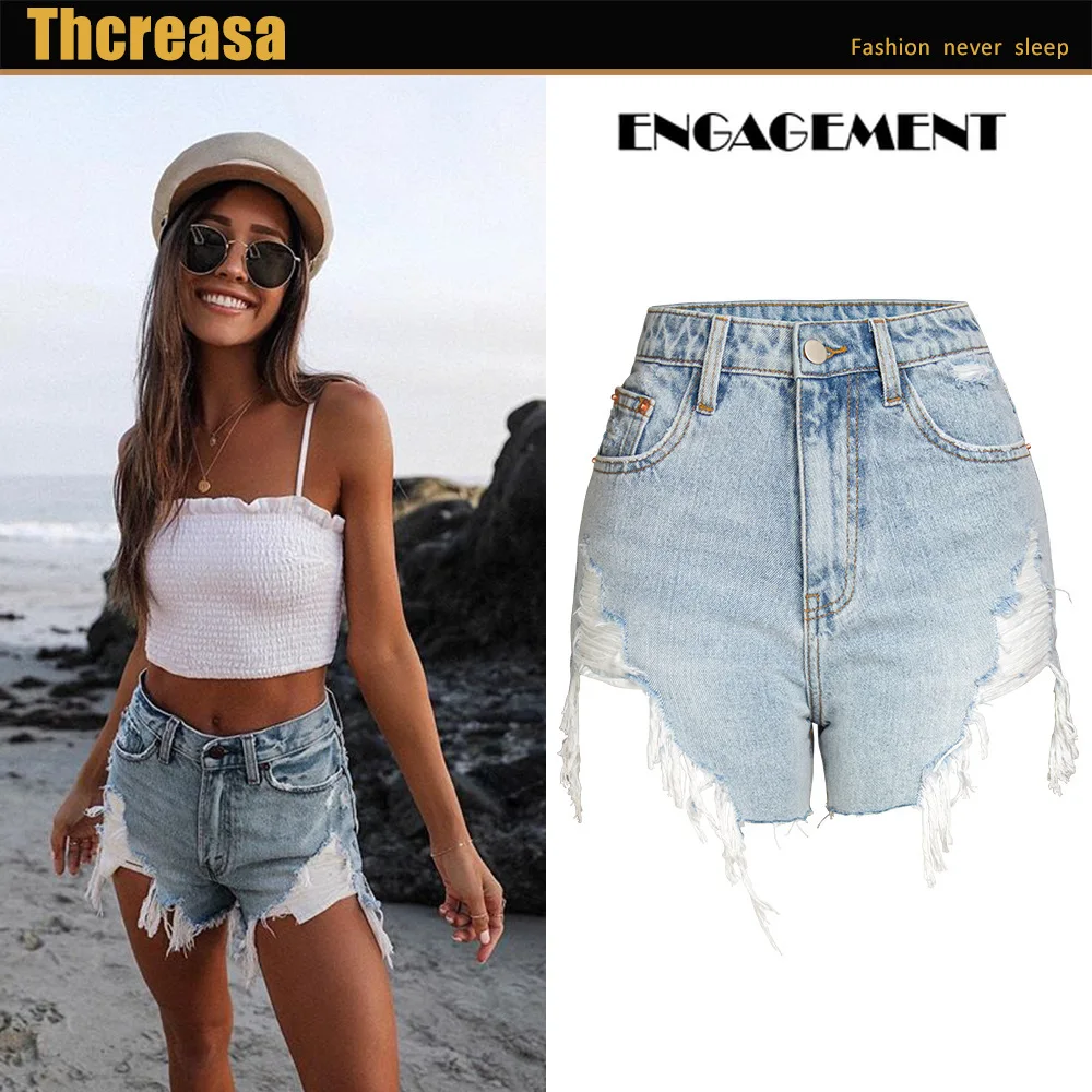 

DenimENGAGEMENT 2021 Trafaluc Za summer high waist thin and worn out irregular rough edge denim shorts women pantalones cortos