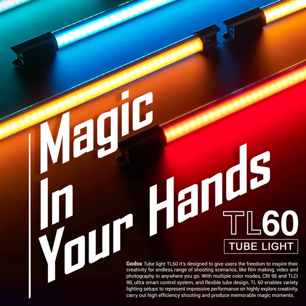 

Godox TL60 RGB светодиодные трубки светильник полный Цвет видео светильник CRI 96 TLCI 98 2700k-6500K регулируемая 39 светильник эффекты поддерживает прилож...