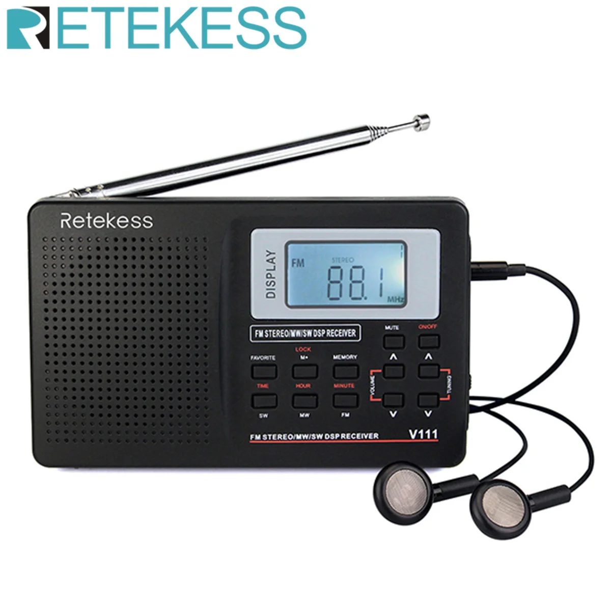 RETEKESS V111 Полнодиапазонный радиоприемник FM стерео/MW/SW DSP с таймером будильник портативное радио черное F9201 - изображение