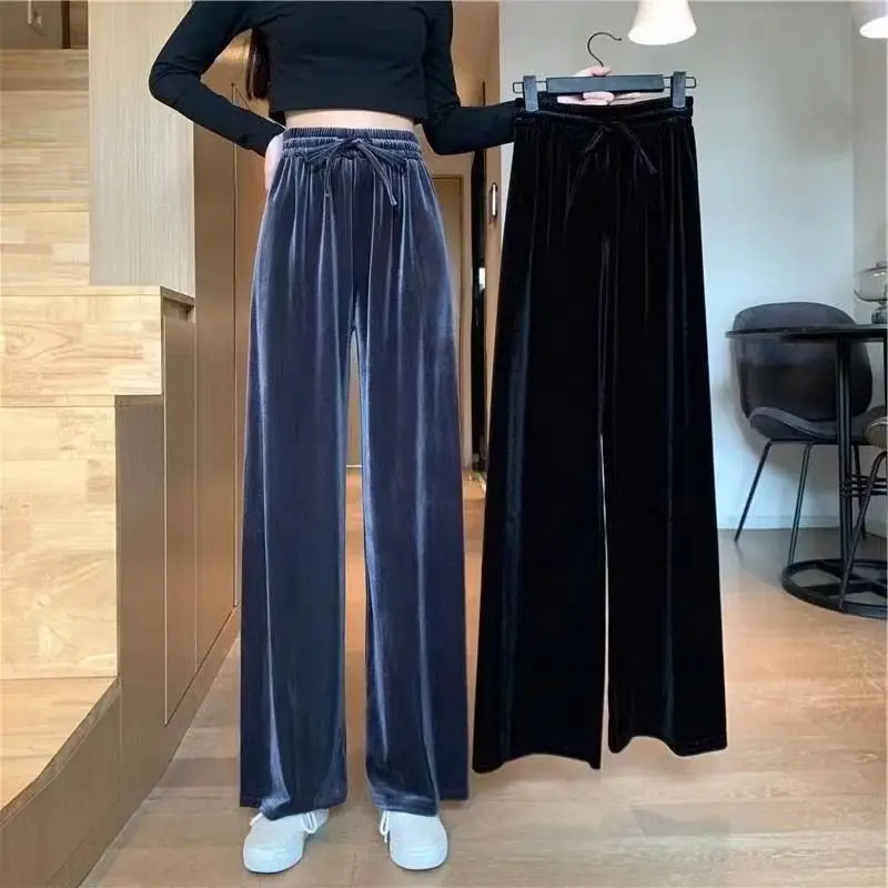 

Autumn and Spring Women's Ice Silk Light Wide Leg Trousers Girl Solid Color High Waist Loose Wild Straight Casual Jogging Pants