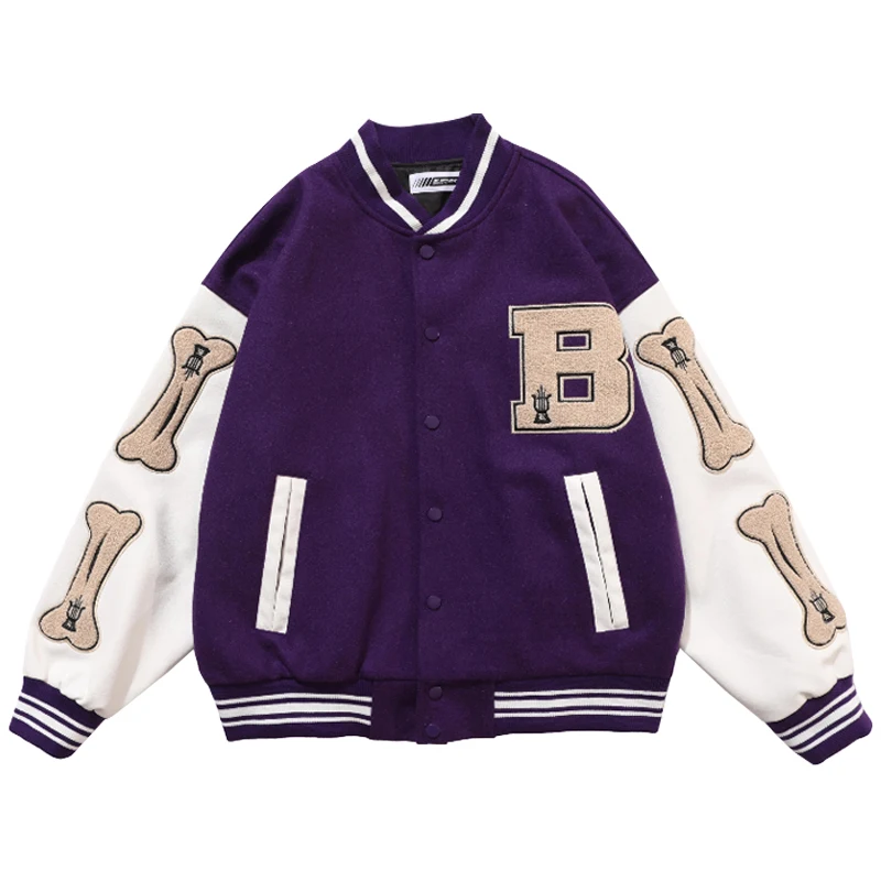 

Mens Hip Hop Baseball Jacket Coats Furry Bone Letter Patchwork Optional Harajuku College Style Bomber Jacket Men Oversize M-2XL