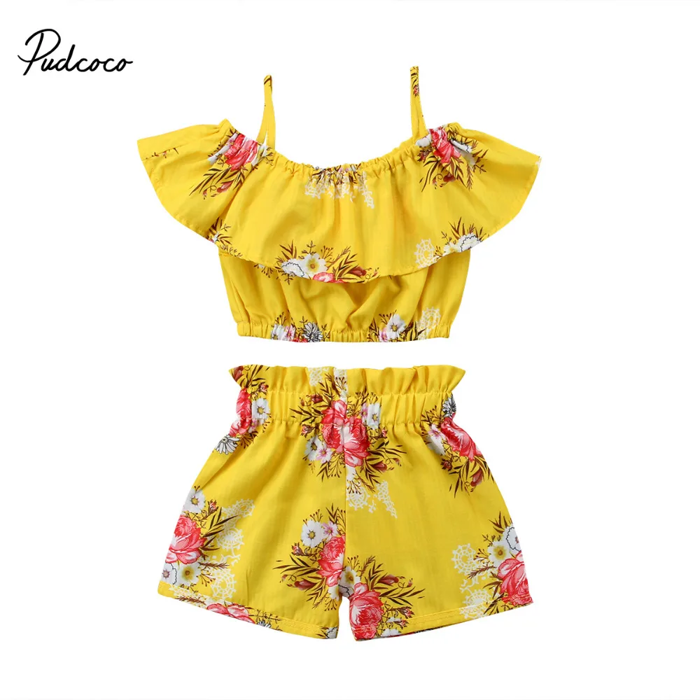 

Pudcoco одежда для малышей, одежда для девочек, Цветочное платье с открытыми плечами, с оборками для девочек топы и шорты Комплект из 2 предметов...