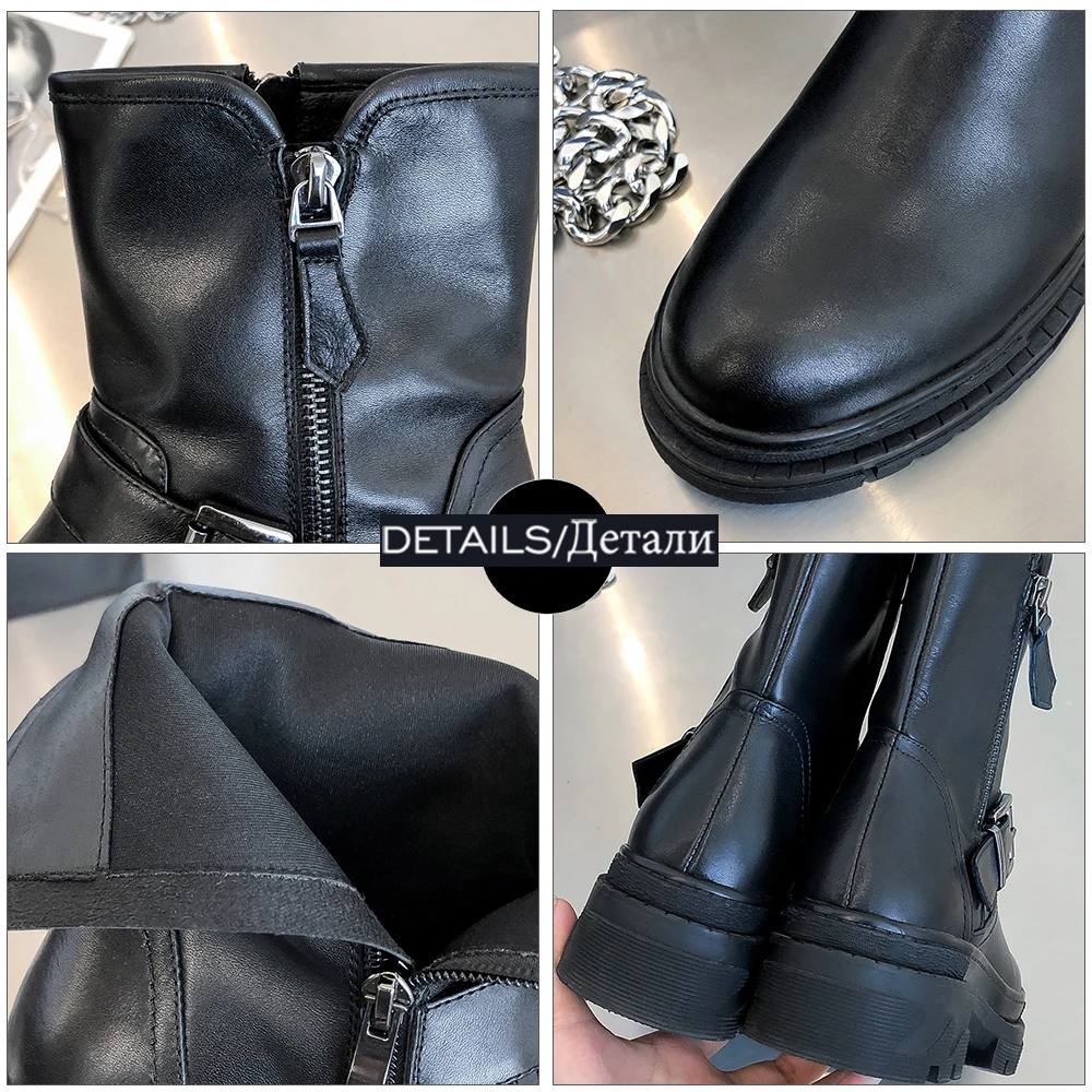 

WETKISS Genuine Leather Short Booties Buckle Strap Zip Ankle Boots Women Chunky Heel Platform Shoes Woman Motorcycle Boot Wedges