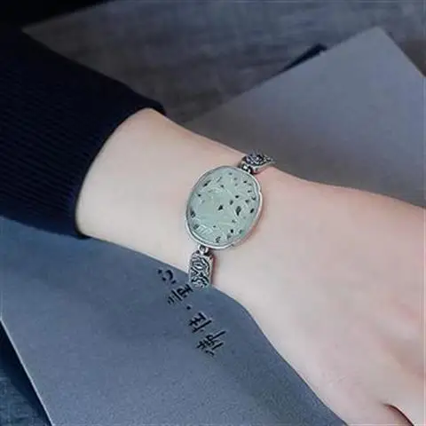 

S925 Sterling Silver Bracelet Women's Retro Ethnic Style Chinese Style Handmade Inlaid Hetian Jade Hollow Open Mouth Bracelet Or