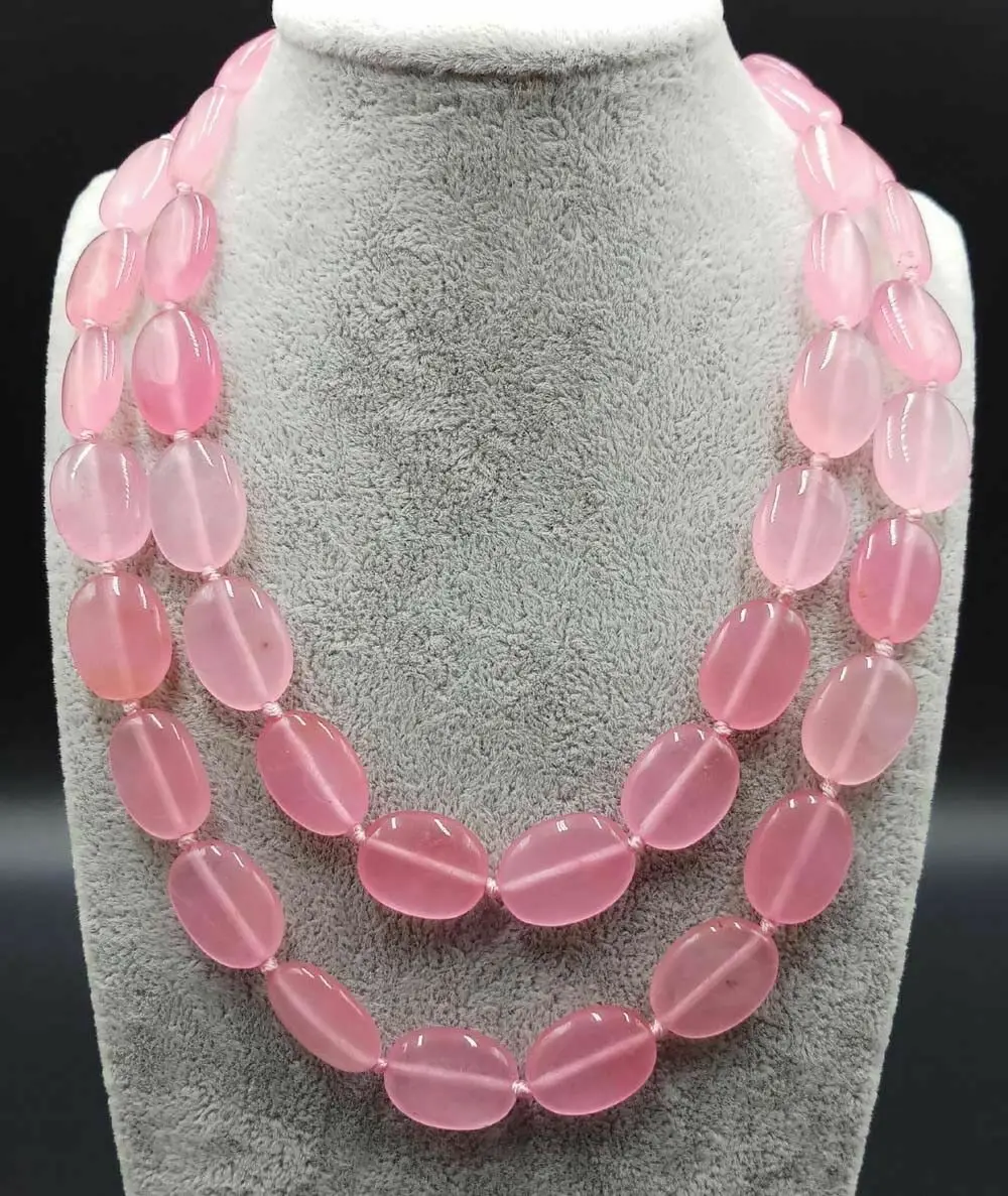 

AAA+ 13x18mm Pink Jade Oval Gemstone Beads Long Necklace 32 inch