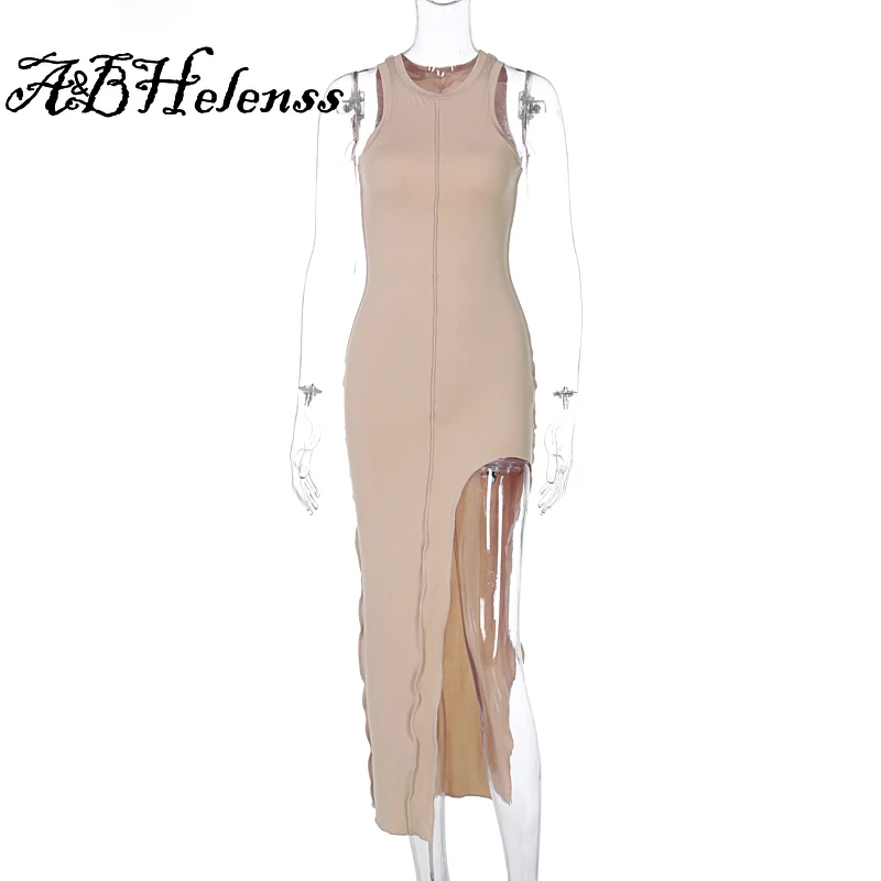 

A&BHelenss 2021 Summer Women Fashion Streetwear Outfits Party Vintage Clothing Sleeveless Patchwork Slit Sexy Maxi Dress