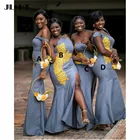 2021 темно-серого и черного цветов, женская обувь Свадебная вечеринка платье с боковыми эластичный атлас платье подружки невесты из Африканской ткани длинное платье подружки невесты, бальные платья