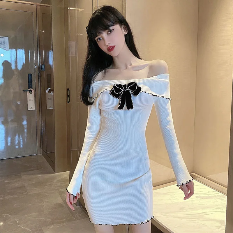 

Fall Bow Sexy Off-the-shoulder Dress Crystal Bell Sleeve Knitted Slim-fit Hip-wrapped Short Dress Kio