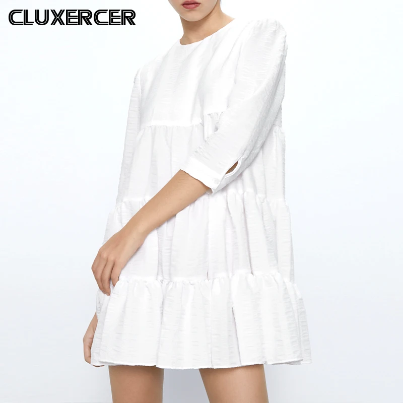 Женское повседневное однотонное платье свободное с круглым вырезом и