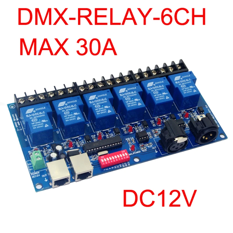 

6CH Relay switch dmx512 Controller RJ45 XLR, relay output, DMX512 relay control,6 way relay switch DC12V 30A*6CH for led