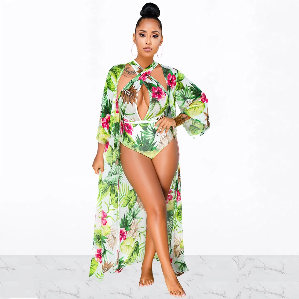 

Женский комплект из 2 предметов с цветочным принтом, пикантный боди с глубоким V-образным вырезом и плащ с открытой спиной, Летний Пляжный ко...