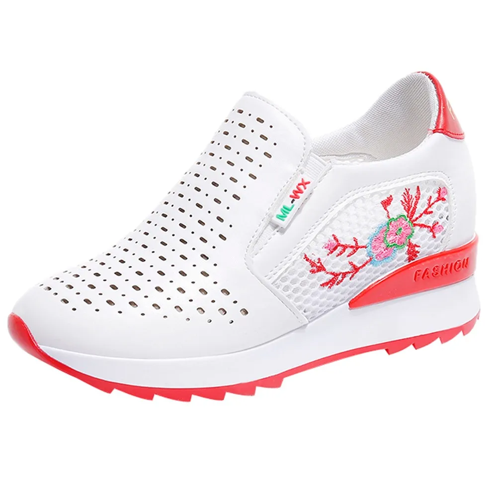

Fashion Floral Embroidered Leather Platform Evelator Shoes Women Swing Wedge Inner Increase Casual Shoes Platform Shoes