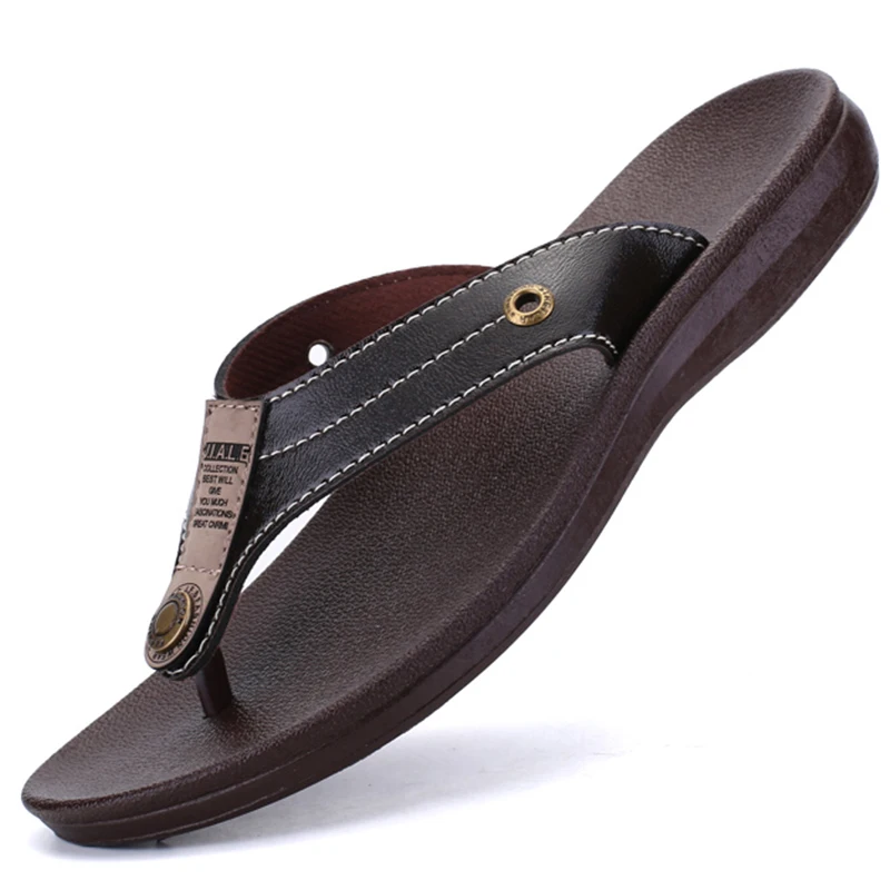 Мужские Пляжные шлепанцы Летние кожаные сандалии черные коричневые | Обувь