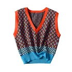 Женский винтажный свитер с ромбиками, осенне-зимний пуловер с V-образным вырезом, Трикотажный жилет без рукавов жилет, 2021