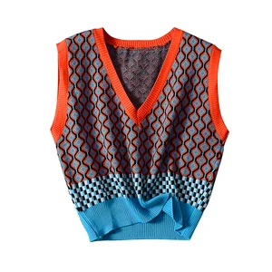 Женский винтажный свитер с ромбиками, осенне-зимний пуловер с V-образным вырезом, Трикотажный жилет без рукавов жилет, 2021
