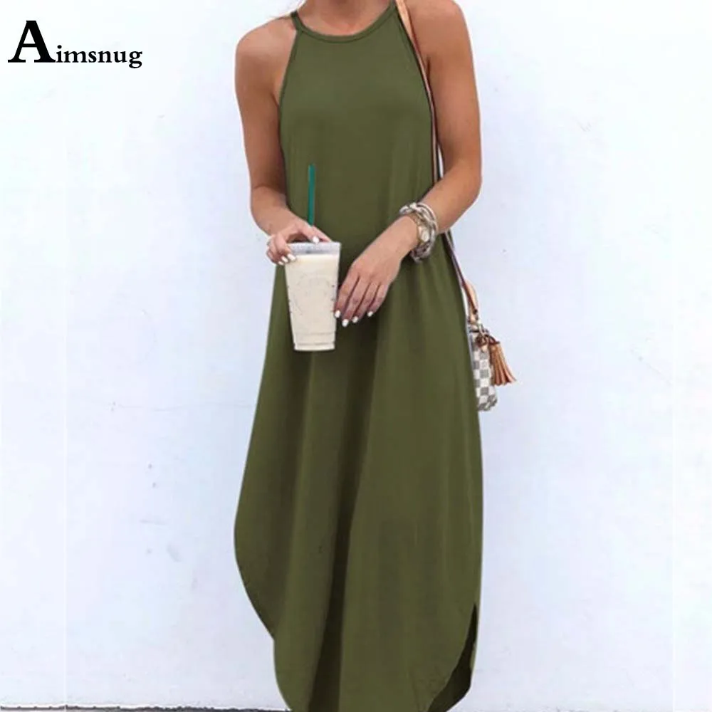 

Aimsnug 2021 Summer Ladies Elegant Sleeveless Beach Dress Solid Irregular Dresses Plus size 5XL Women Casual Black Long Dress