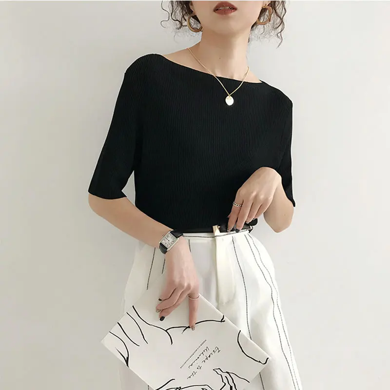 2019 Летняя женская повседневная однотонная трикотажная футболка с коротким