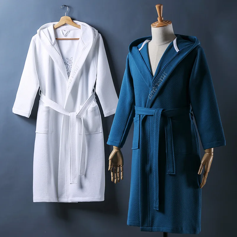 

Cotton Soft Robes Solid Color Bathrobes High Quality Couple Thick Warm Sleepwear Embroidery Home Dressing Gown Thermal Housewear