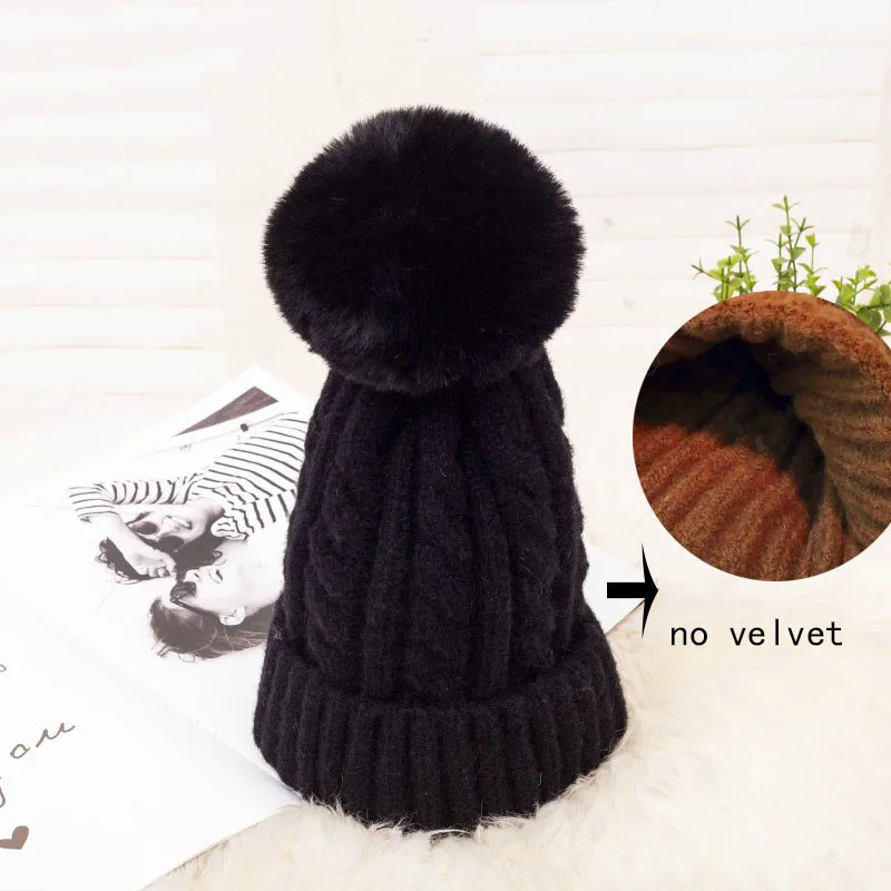 Розовый мех помпоном шерстяная зимняя женская шапка для девочек вязаные круглые
