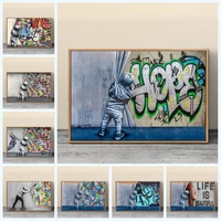 abstract banksy curtain unveiled street art canvas painting posters and prints boys loving wall art picture home room decor
