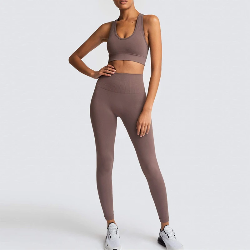 

Traje de Yoga sin costuras para mujer, ropa deportiva, Sujetador deportivo, Leggings, 2 piezas, para gimnasio, 2021