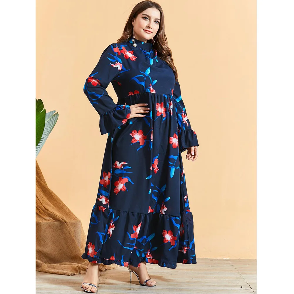 

Plus Size Kaftan Floral Printed Abaya Dubai Boho Caftan Muslim Women Loose Maxi Dress Jilbab Islamic Clothing Arab Robe Ramadan