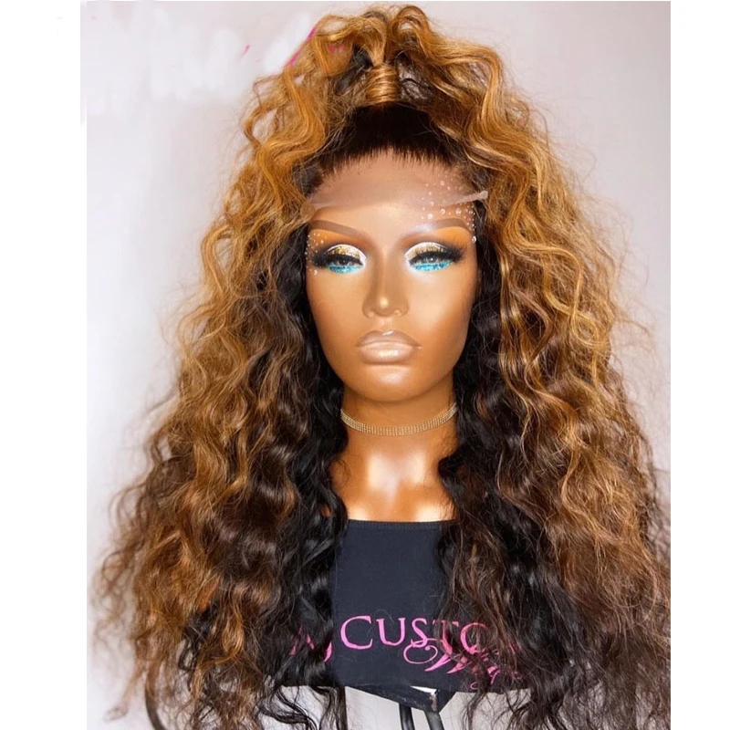 

Glueless Preplucked Ombre Brown Long Kinky Curly Remy 13x4/6 Human Hair Lace Front Wig With Babyhair Brazilian For Black Women