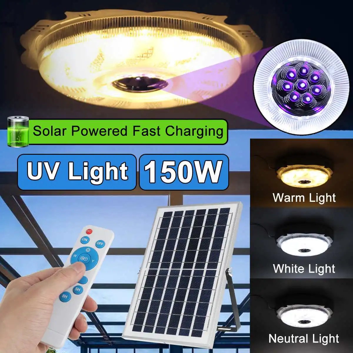 

150W солнечная Мощность потолочный светильник с Панели солнечные охраны окружающей среды Энергосберегающие потолочные светильники с UV свет...
