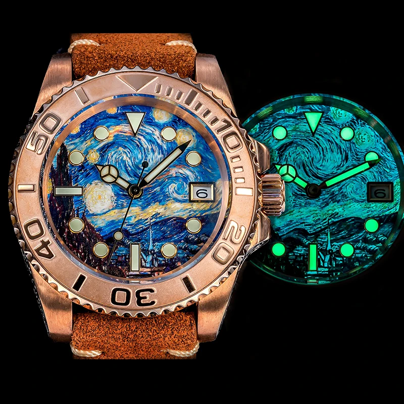 

Men's Bronze Diver Watch Luminous Dial Pattern Van Gogh Oil Painting Bronze Case NH35A Automatic Vintage Mechanical Water Ghost