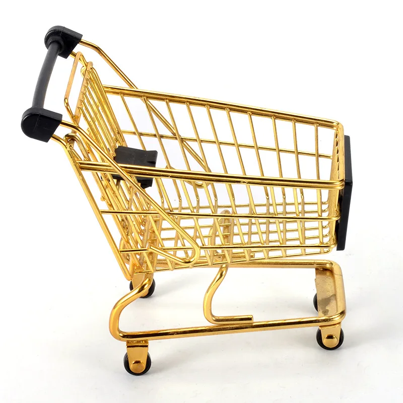 

Creative Mini Shopping Cart Storage Box Small Object Storage Basket Wrought Iron Metal Supermarket Trolley Storage Basket