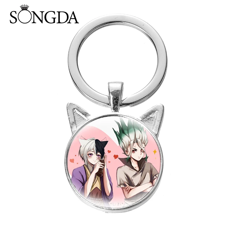 

Dr. STONE Keychain Cartoon Character Glass Art Photo Key Rings for Women Backpack Car Key Chain Anime Accessories Coaplay Gifts