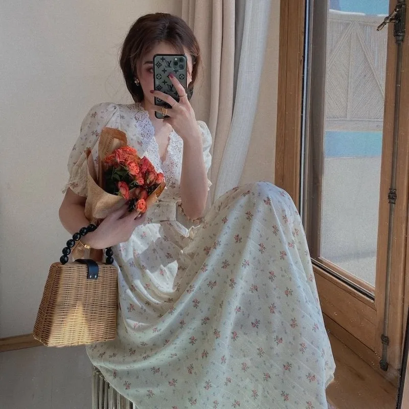 Винтажное кружевное платье-миди с пышными рукавами летнее женское повседневное